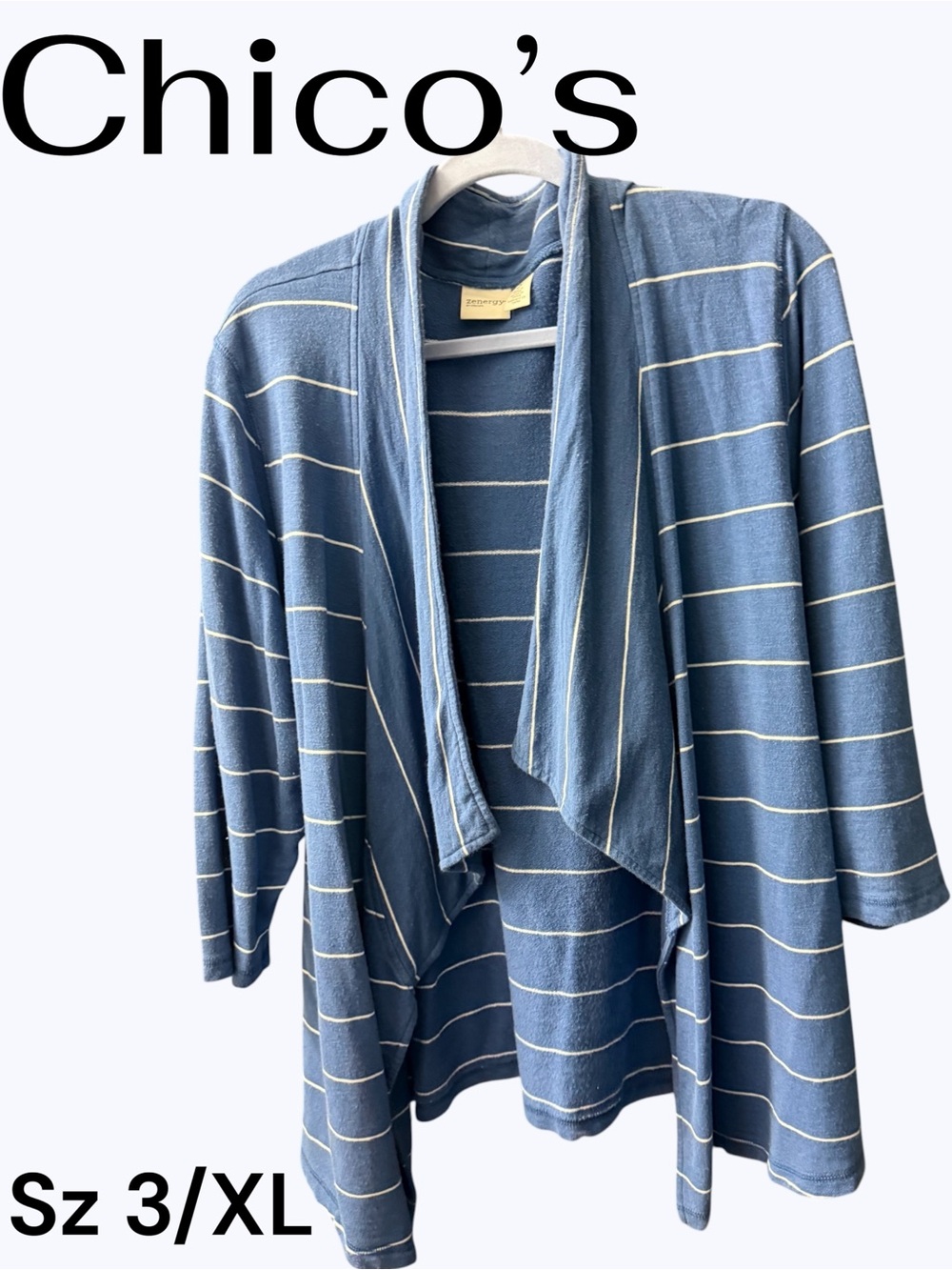 Chico's Zenergy Blue and White Striped Open-Front Sweater Cardigan